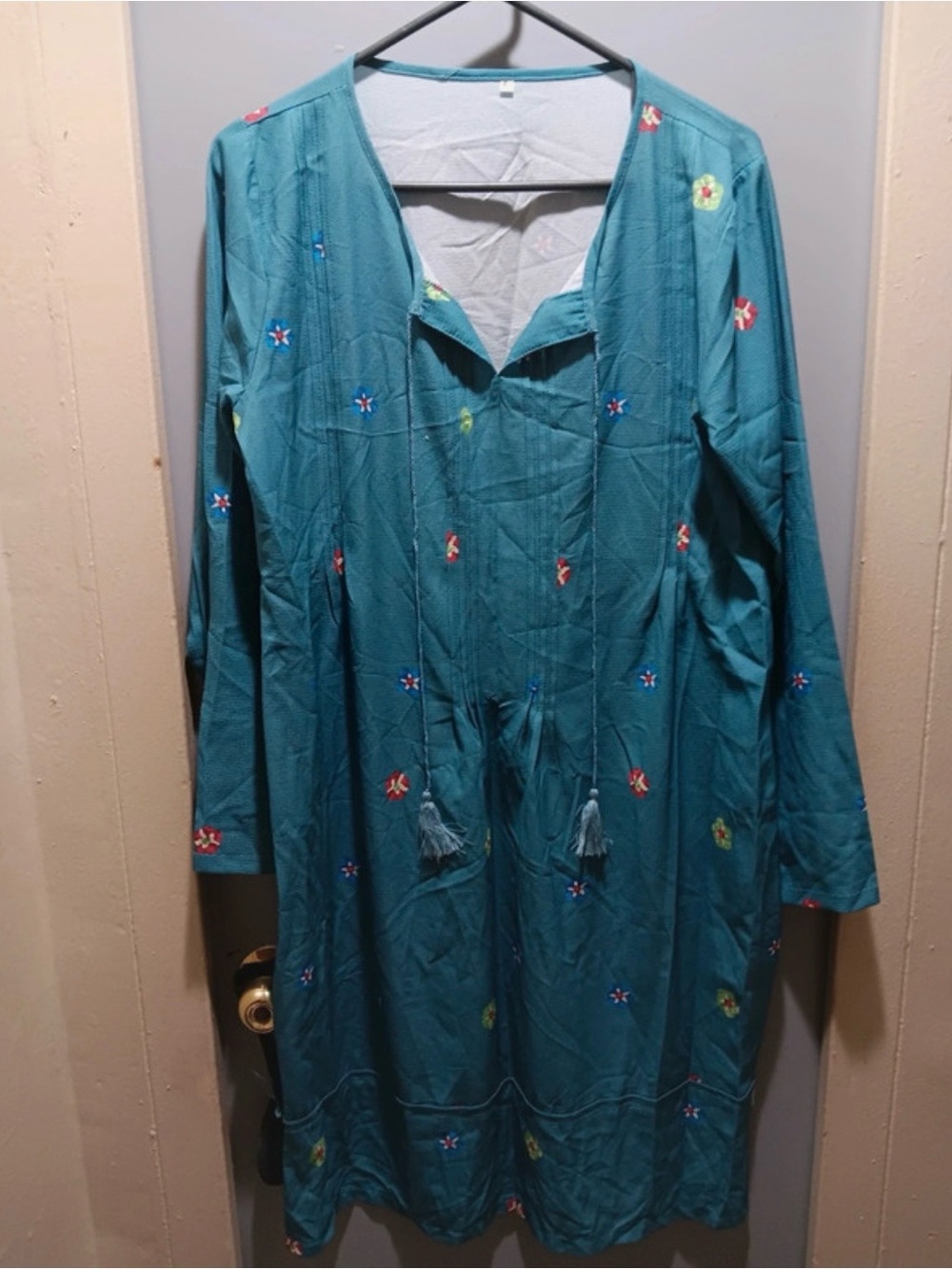 urquoise Embroidered Boho Tunic Dress Tassel Tie Long Sleeve